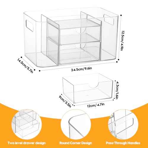 Acrylic Makeup Organizer for Countertop ? 2 Drawers & 3 Compartments, Clear Storage Bin. Multi-use for Skincare, Cosmetics, Jewelry & Small Accessories, fits Vanity, Bathroom, Office, Craft