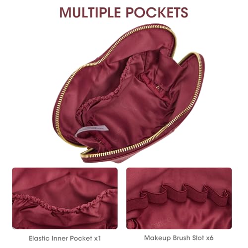 Kattee Leather Makeup Bag, Travel Large capacity Comestic Bag for Women, Heart Shaped Portable Organizer Toiletry Bag for Working,Wine Red