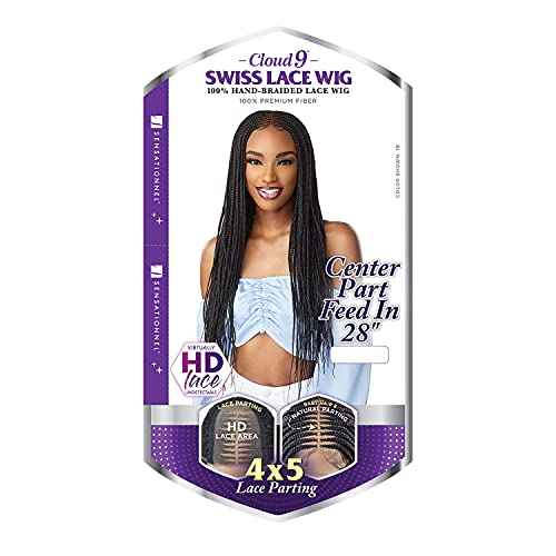 Sensationnel Cloud9 4X5 Braided Wig - Center Part Feed In 28 Inch Hand Tied Swiss Lace Braided Wig With Large Parting Area (1 JETBLACK)