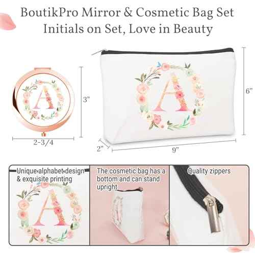 Personalized Gift Initial Compact Mirror w Makeup Bag for Women Sister Daughter Mom Wife, Floral Monogram Alphabet Small Mirror Ideal Gift on Birthday, Christmas, Graduation (A + Bag, ROSE GOLD)
