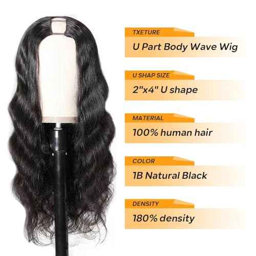 U Part Human Hair Wig Body Wave Drawstring Wig 180% Density U Part Wig Brazilian Virgin Human Hair wigs for Women Full Head Clip in Half Wigs Glueless No Leave Out Lace Front Wig Natural Color 14inch