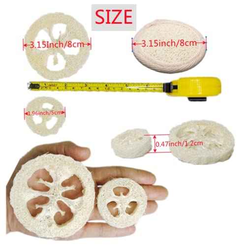 50Pcs Natural Loofah Slice of 1.96inch, Reusable Natural Loofah Cuts for Cleaner Sponge Scrubber, Facial Soap Holder and DIY Customize Soap Tools, with 3Pcs Exfoliating Loofah Pad and 1 Storage Bag