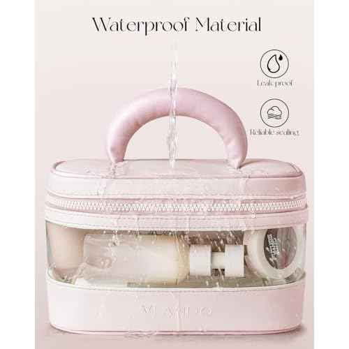 Vlando Travel Makeup Bag, Large Travel Toiletry Bag for Women Girl, Waterproof Cute Cosmetic Bag with Handle, Clear Make up Bag for Cosmetic, Brushes, Skincare-Apricot Pink