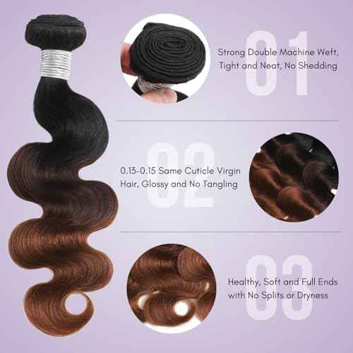 T1B/2/30 Chestnut Brown Ombre Human Hair Bundles Body Wave 24 Inch, 12A Thick Track 100% Virgin Human Hair Bundles Dark Roots Bundle 3 Tone Ombre Medium Auburn Colored Single Bundle Quick Weaves