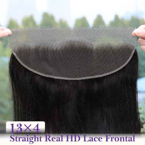 13X4 Frontal HD Lace 16 Inch, SKINLIKE Lace Frontal Only,0.095mm Ultra-thin Invisible Real Swiss Lace Straight RAW Virgin Human Hair Single Knot Pre-Plucked with Baby Hair