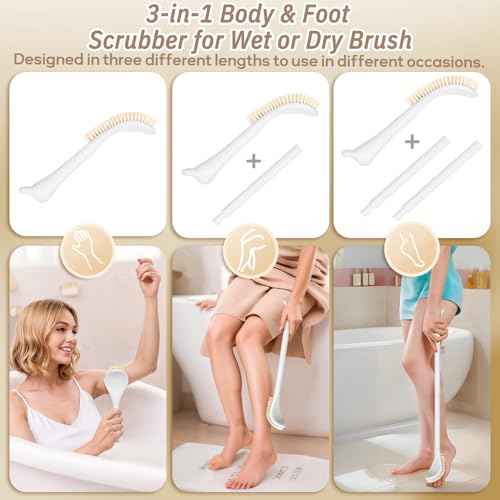New Foot Brush with Adjustable Long Handle, 3-in-1 Foot Scrubber for Wet or Dry Brushing, 10.2¡¯¡¯- 27.5¡¯¡¯ Foot Scrub Brush for Senior, Pregnant, Disabled, or Injured, Gift-Box Packed(White)