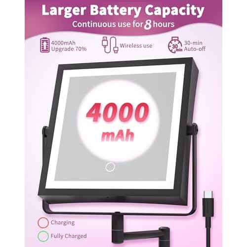 Rechargeable Wall Mounted Makeup Mirror with Lights, 4000mAh Double Sided 1X/10X Magnifying Vanity Mirror with 3 Color Lights, Touch Dimmable, 360¡Æ Extension Foldable Arm (Matte Black)