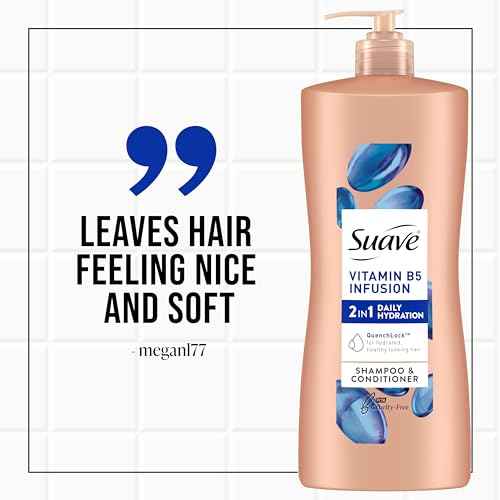 Suave 2-in-1 Moisture Shampoo & Conditioner with Vitamin B5 Infusion and pH Balanced Salon Formula, Anti-Frizz Cleansing for Dry Hair, 28 Oz (Pack of 4)
