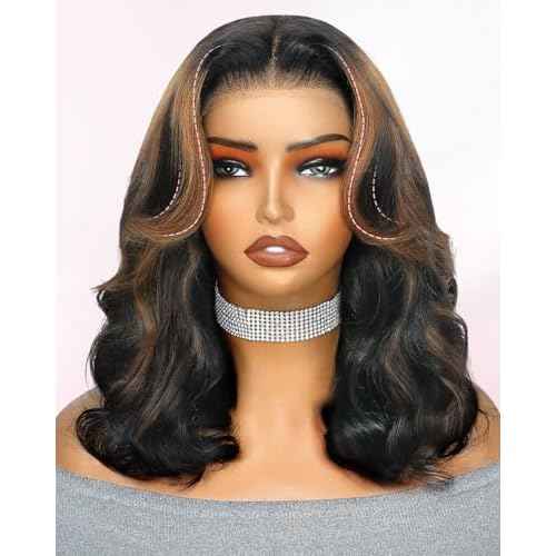 250% Human Hair Wigs For Black Women Highlight Bob Wig Human Hair With Layered Curtain Bangs Face-Framing 6x6 Lace Closure Glueless Wigs Human Hair Pre Cut 15A Ombre Loose Body Wave Wig 1B30 14Inch