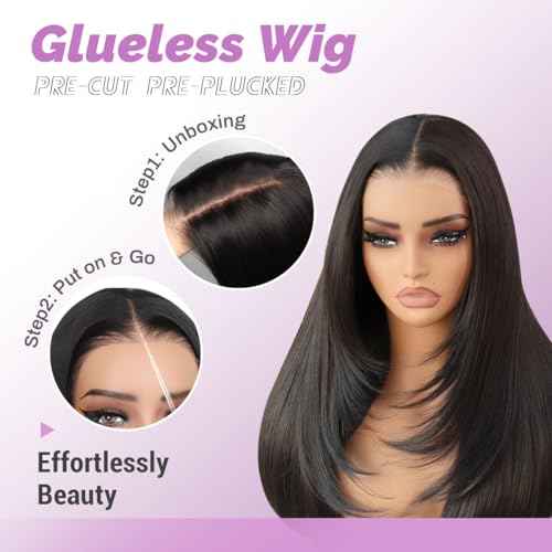 U&A Ua Hair Glueless Natural Black Straight Layered Wig Wear and Go 9x7 Lace Front Synthetic Wig Pre style Pre Plucked Pre Cut Vivid Self-growing Hairline Tiny Knots Premium Fiber 22Inch