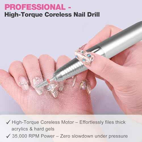 Professional Portable Nail Drill, 2-in-1 AZ GOGO 35000RPM Rechargeable Electric Cordless Nail Drills for Acrylic Gel Nails - Updated Coreless Motor Quieter, High Efficiency for Salon Level Pro E-File