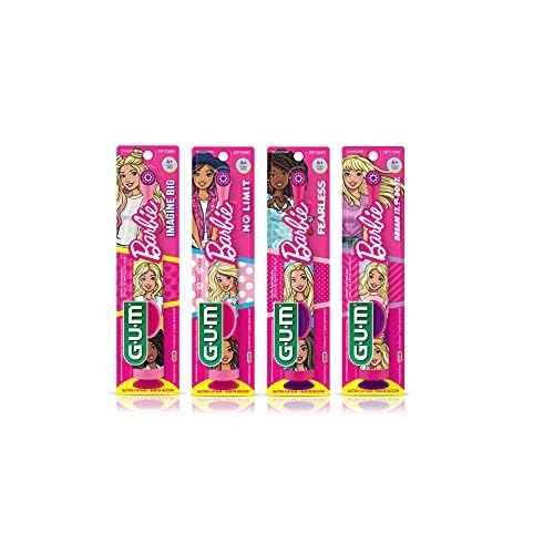 GUM Barbie Kids Battery Power Electric Toothbrush with Suction Cup Base for Home or Travel Oral Health and Dental Plaque Removal, Ages 3+, 1ct(4Pk)