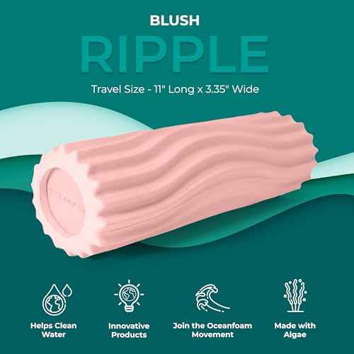 Oceanfoam Ripple Travel Foam Roller (11" x 3.35") Firm Mini Foam Roller for Physical Therapy, Deep Tissue Massage, Back Pain - High Density, Ergonomic Wave Textured - Yoga, Pilates, Exercise (Blush)