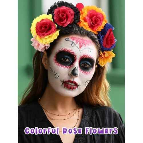 Zeyune Mexican Flower Headband Fiesta Rose Flower Crown Costume Mexican Headpiece for Women Party Cosplay Halloween(Mixed Color,16pcs)