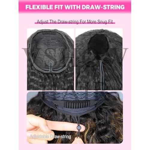 V SHOW Wear Go Glueless Half Wig Human Hair 1B/30 Highlight Water Wave Bod Wigs 3 In 1 Curly Half Wigs 180% Density Drawstring Seamless Fit Strap Flip Over Headband Wig 10 Inch Beginner Friendly