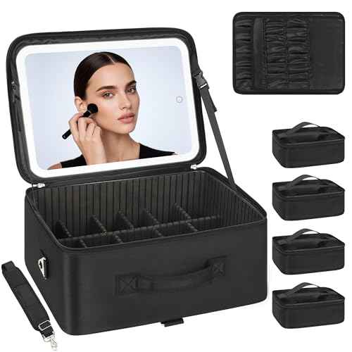 Relavel Extra Large Makeup Bag with LED Mirror, Cosmetic Train Case for Makeup Artists with 4 Removable Pouches and Adjustable Dividers, Hair Supplies Organizer, Travel Portable Mirror with Lights