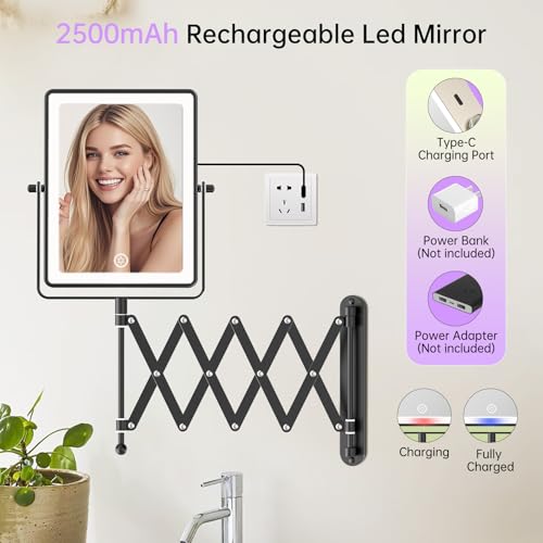 FASCINATE Rechargeable Wall Mounted Makeup Mirror with Lights, 8.7 Inch Double Sided Touch Switch 1X 30X Magnifying Bathroom Mirror, 3 Color Lights Touch Dimmable Extended Arm 360¡ÆRotation (Black)
