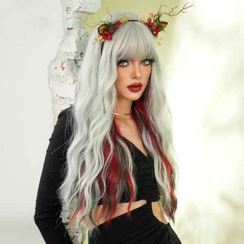 7JHH WIGS Long Curly Red Green Highlight Christmas Siler White Wigs Natural Heat Resistant Fibre Wet Wave Grey White Ombre Women Wigs for Holiday Festival Christmas Daily Party Daily Used