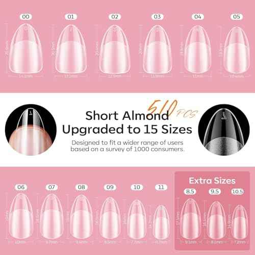 modelones Gel Nail Kit, Upgrade 15Sizes Pre-shaped Gel Nail Tips Short Almond Shape, 9-in-One Glue Prep Dehydrator & Portable Led Lamp, 510Pcs Press On Extension Kit Gift for Women