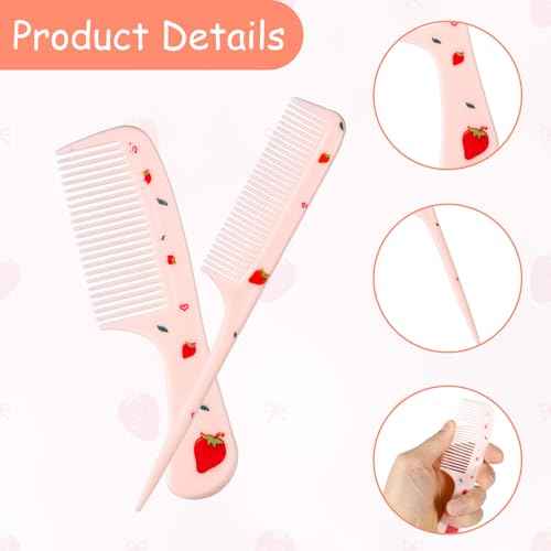 2pcs Cute Hair Comb Set, Pink Strawberry Baby Comb Fine Tooth Comb & Rat Tail Comb Toddler Tiny Hair Comb Small Girls Comb Plastic Mini Kids Comb Hair Parting Comb for Women Girls Kids All Hair Types