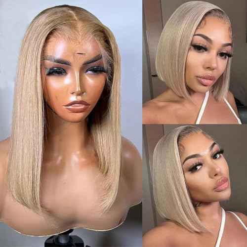 Munx 3x6 HD Lace Front Wigs 100% Human Hair Ash Blonde Bob Wig Pre Plucked 180% Density Glueless Transparent Lace Front Wig for Black Women with Baby Hair 14in Bleached Knots