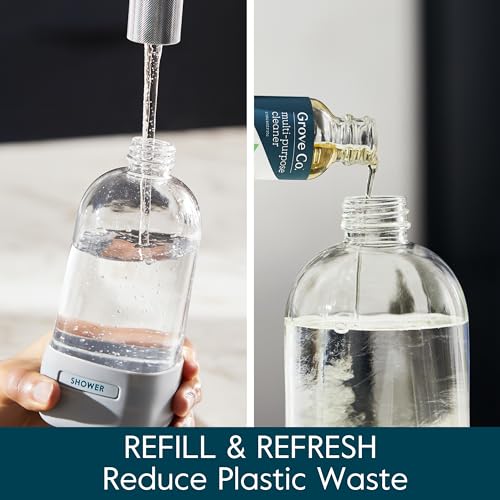 Grove Co. Glass Spray Bottles for Cleaning Solutions, 2-Pack Bundle, Unique Silicone Sleeve Slide & Snap Custom Label, Refillable Spray Bottle, Made from Recycled Glass, 2 x 16 oz