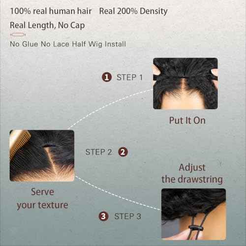 Glueless Wigs Human Hair Water Wave Half Wig Human Hair 3 In 1 Curly Half Wigs For Women Drawstring Seamless Flip 200% Density No Glue Daily Wear 16 Inch