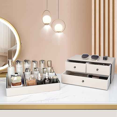 KINGFOM Leather Makeup Organizer with 3 Drawers, 2 Tier Cosmetic Storage Organizer for vanity Dresser Countertop and Bathroom Vanity, Beauty Holder for Lipstick Brush Skincare (Beige)