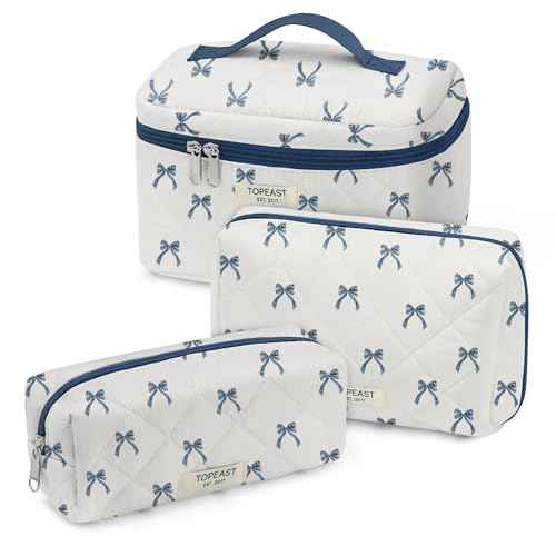 TOPEAST Christmas Gifts for Women Girls - 3Pcs Travel Makeup Bag Large Cute Quilted Make Up Bag for Purse, Portable Big Cosmetic Brush Pouch, Blue Bow