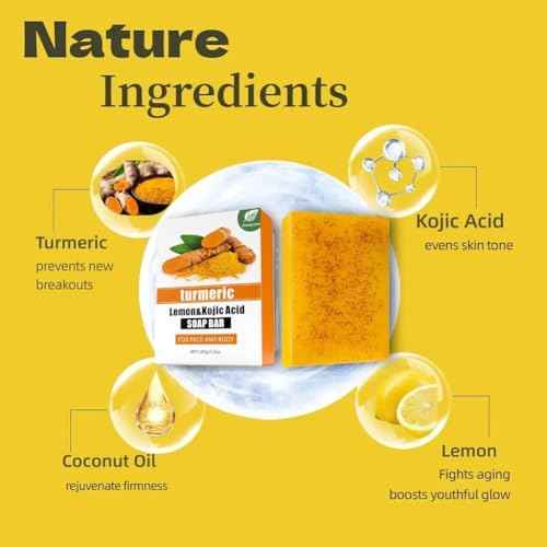 Kojic Acid & Turmeric Soap Bar for Dark Spot removal - Skin Lightening Soap with Vitamin C, Retinol, Shea Butter & Lemon Oil - for Face, Body, Underarms - SLS Free, for Oily & Dry Skin