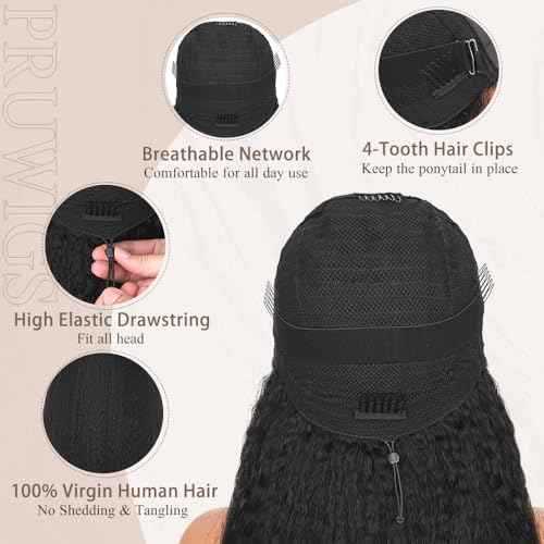 16 Inch 7x6 Glueless Wigs Human Hair Pre Plucked Pre Cut 250% Density Kinky Straight Lace Front Wigs With Drawstring Parting Max HD Lace Closure Wigs Human Hair for Women Natural Black