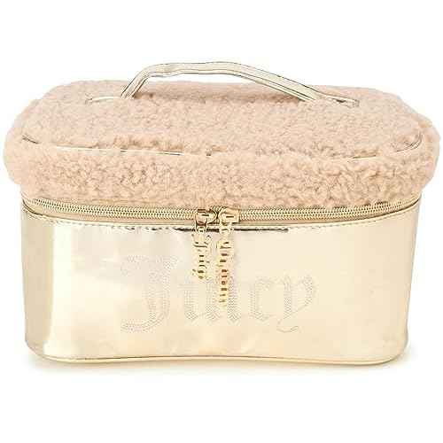 Juicy Couture Gold Makeup Bag Cosmetics Organizer Travel Essentials Train Case Shiny Rhinestones Faux Shearling