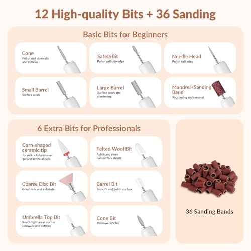 Cordless Rechargeable Nail Drill Kit, 12 Professional Bits & 36 Sanding Bands, 30000RPM Electric Nail Drill Machine, Dual Rotation Ambidextrous Electric Nail File for Acrylic, Gel & Natural Nails
