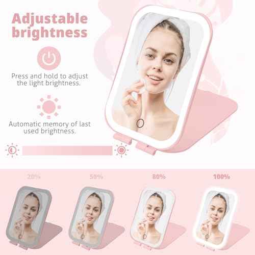 Travel Makeup Mirror, Portable Mirror with 3 Adjustable Light Settings, USB-Rechargeable Vanity Mirror with Lights£¬Gift for Women and Girls (Pink)