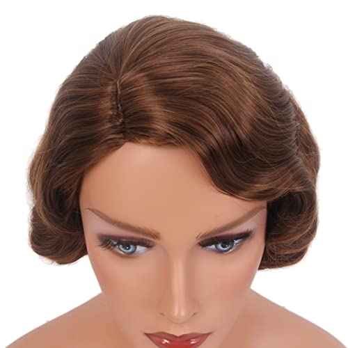 H&Bwig Short Ash Brown 20s Wigs for Women Natural Finger Wave Synthetic Hair Wig for Women Lady Ladies Cosplay Anime Party Costume Anime Flapper Wig