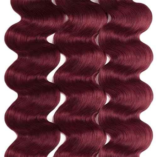 99J Burgundy Body Wave Human Hair Bundles 20 22 24 Inch 3 Bundles Brazilian Virgin Remy Hair Extensions Weave Soft Bouncy Curly Sew In for Black Women