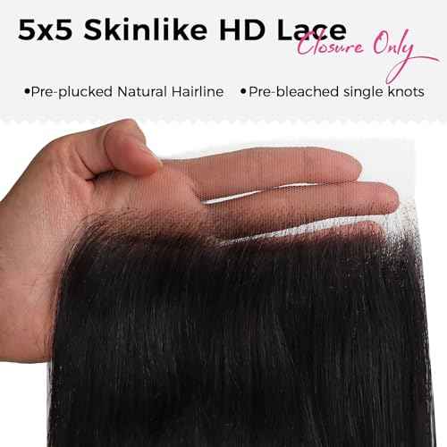 Lashey 5x5 SKINLIKE Real HD Lace Closure Straight, 0.10mm Ultra thin HD Lace Human Hair Closure Pre Bleached Knots Pre Plucked Invisible Hairline 14 Inch Natural Black
