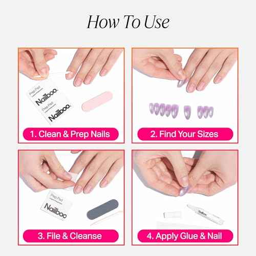 Nailboo Press On Nails, Salon-Quality Reusable Fake Nails for Fast DIY Manicure with Strong Hold Nail Glue for Press Ons, Nail File, & Alcohol Prep Pads, Frenchie