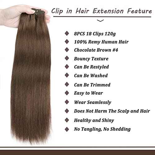 Clip in Real Human Hair Chocolate Brown Extensions 8 Pcs 120g Straight Remy Hair Extensions (4,20inch)