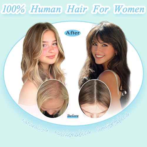 Hair Toppers for Women Real Human Hair, 360¡Æ 3D Toppers Hair Pieces for Women with Thinning Hair 12 Inch Wispy Bangs Realistic Biological Scalp Wiglets (Medium Brown, 7 * 11 Wispy Bangs)