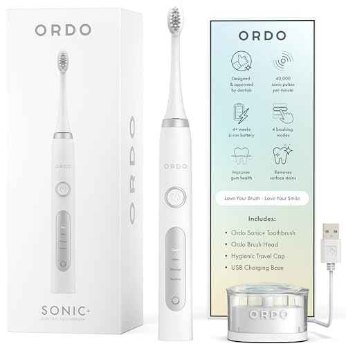 ORDO Sonic+ Electric Toothbrush for Adults, Advanced Tech, 4 Brushing Modes, Fast Rechargeable, Sonic Toothbrushes Over 4 Weeks Battery Life, Silicone Polishing Element, USB Charger, White Silver