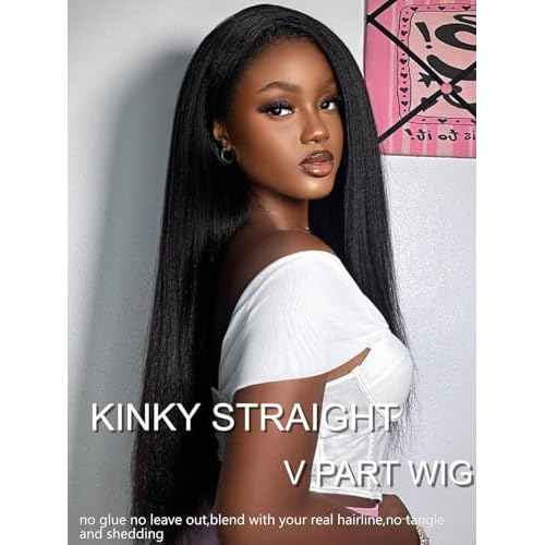 YIROO Hair V Part Wig Human Hair Kinky Straight Wig No Leave Out Upgraded U Part Wigs for Women 12A Yaki Straight Glueless Wear And Go V Shape Clip in Wigs Beginner Friendly 150% Density 16 Inch