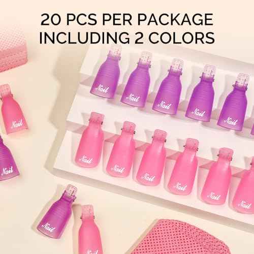 MelodySusie Nail Polish Remover Clips Nail Art Soak Off Cap Clip Plastic Acrylic UV Gel Polish Remover Wrap Tool Gel for Fingernail Removal Soak Off Clips Wrap Cleaner Cap Clip (Pink+Purple 20Pcs)