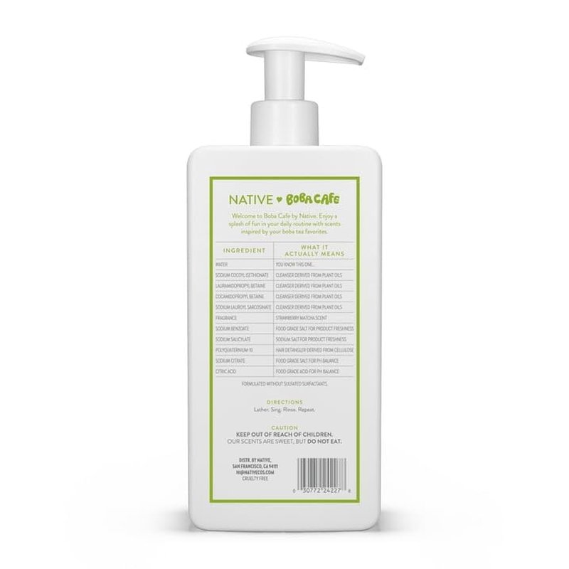 Native Strengthening Shampoo, Limited Edition Strawberry Matcha, Sulfate Free Shampoo for Women and Men, Boba Café, 16.5 fl oz with Travolle Dispenser Pump