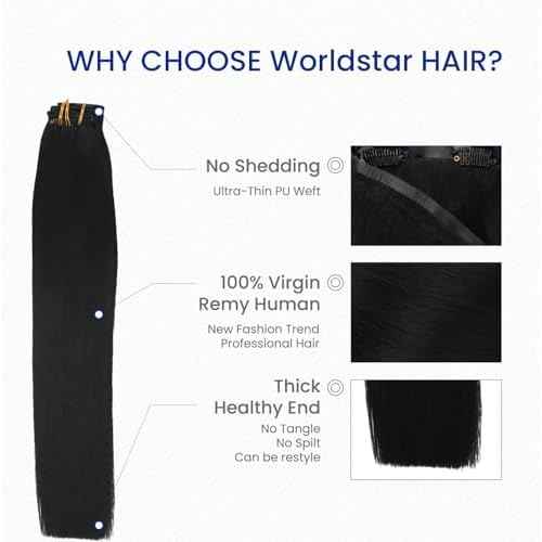 Worldstar Invisible Clip in Hair Extensions Human Hair 18 Inch 130g 6pcs #1 Jet Black Seamless Clip in Hair Extensions Remy Human Straight Hair Invisible PU Skin Weft (pu#1-18)