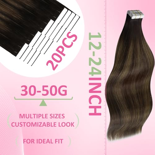 YoungSee Tape in Human Hair Extensions Brown Balayage Tape in Extensions Human Hair Dark Brown Tape-in Hair Extension Ombre Human Hair Tape-in Extension Long Hair 20 Inches 20pcs 50g