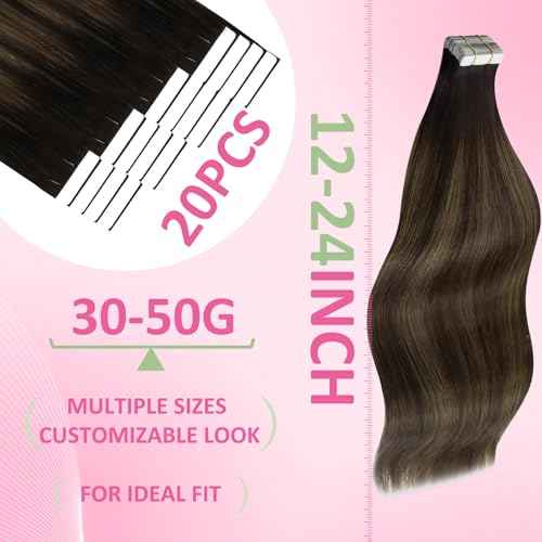 YoungSee Tape in Extensions Human Hair Brown Balayage Tape in Hair Extensions Human Hair Dark Brown Ombre Ash Browns Tapes-in Extension Real Hair 18 Inch Hair Extension Tape-in for Women 20pcs 50g