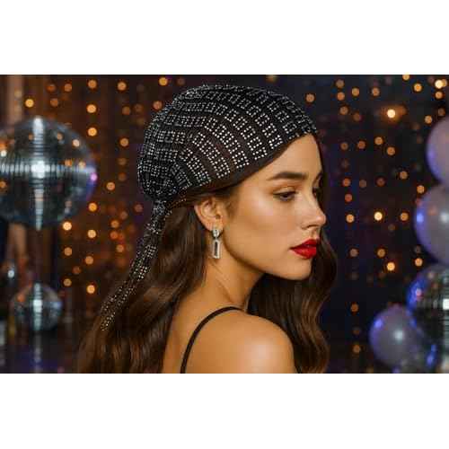 Munyee Hua Square Rhinestone Head Scarf for Women Bling Sparkly Hijab Stretchy Rave Turban Hat Handmade Headband Crystal Mesh Cap Hair Snood Nets Vintage Dress Concert Headpiece Black