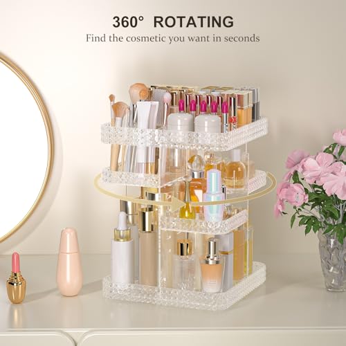 Rotating Makeup Organizer with Makeup Brush Holder, Large Capacity Perfume Organizer for Vanity Countertop, Acrylic Skincare Organizers Spinning Holder Storage Rack (Clear)