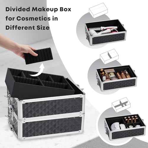 Rolling Makeup Train Case, 4-in-1 Cosmetology Case on Wheels, Nail Tech Cart for Travel, Professional Cosmetic Vanity Case, Suitcase for MUA/Manicure/Tattoo/Style, Lockable Storage Box, Black